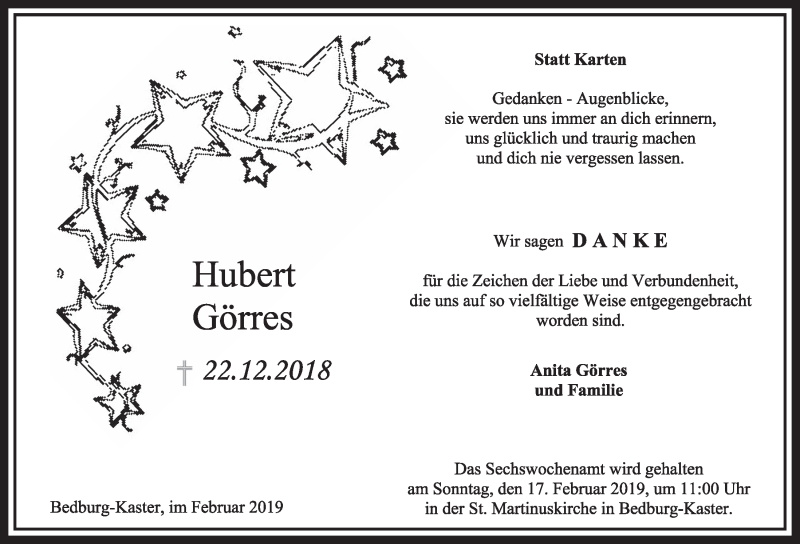  Traueranzeige für Hubert Görres vom 09.02.2019 aus  Sonntags-Post 