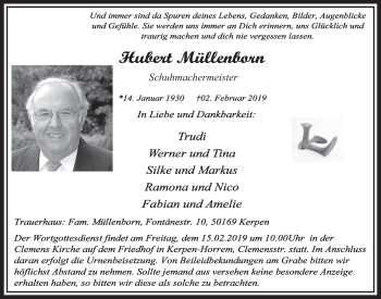 Anzeige von Hubert Müllenborn von  Sonntags-Post 