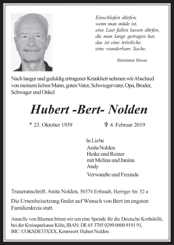 Anzeige von Hubert Nolden von  Schlossbote/Werbekurier  Werbepost 