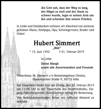 Anzeige von Hubert Simmert von Kölner Stadt-Anzeiger / Kölnische Rundschau / Express