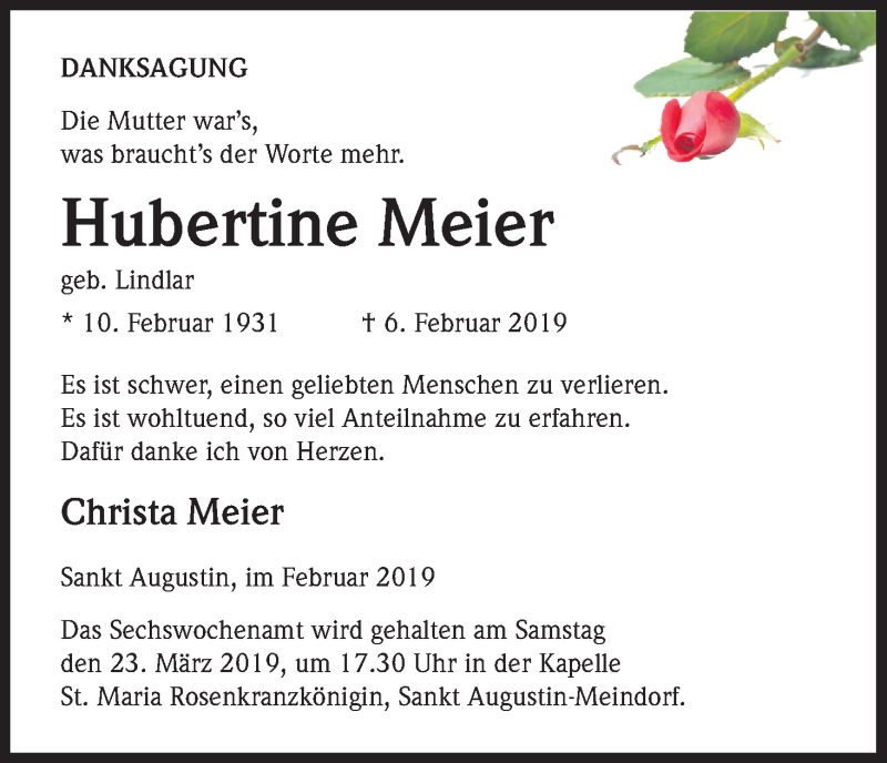  Traueranzeige für Hubertine Meier vom 23.02.2019 aus Kölner Stadt-Anzeiger / Kölnische Rundschau / Express