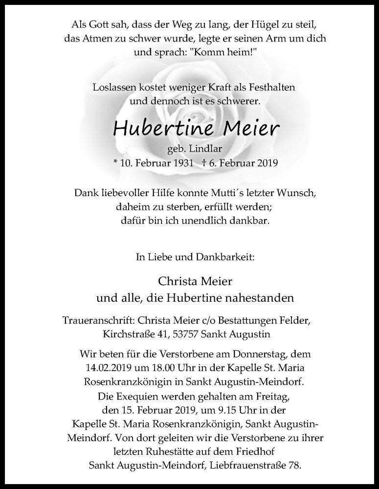  Traueranzeige für Hubertine Meier vom 09.02.2019 aus Kölner Stadt-Anzeiger / Kölnische Rundschau / Express