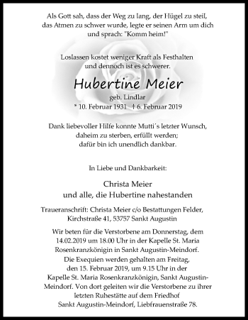 Anzeige von Hubertine Meier von Kölner Stadt-Anzeiger / Kölnische Rundschau / Express