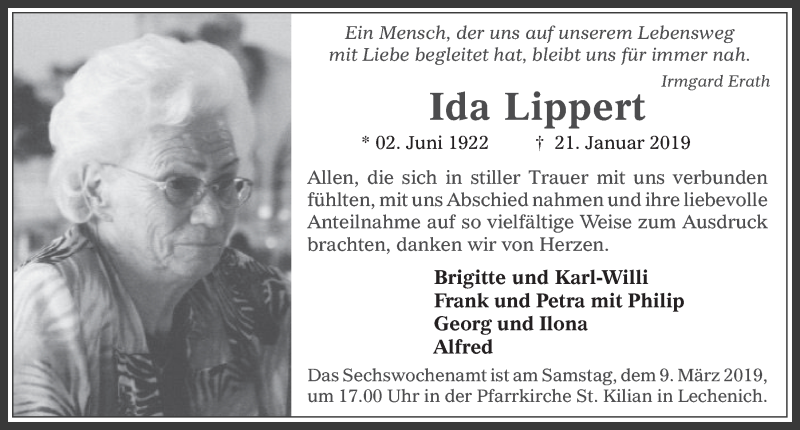  Traueranzeige für Ida Lippert vom 20.02.2019 aus  Werbepost 