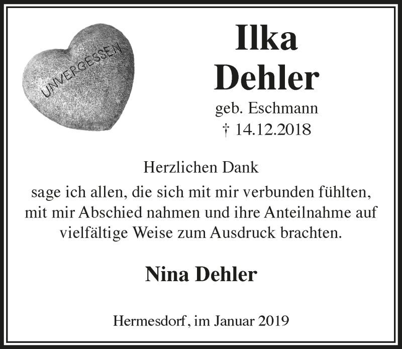  Traueranzeige für Ilka Dehler vom 06.02.2019 aus  Lokalanzeiger 
