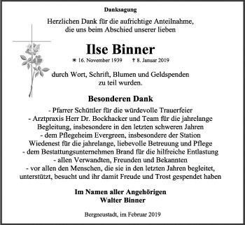 Anzeige von Ilse Binner von Kölner Stadt-Anzeiger / Kölnische Rundschau / Express