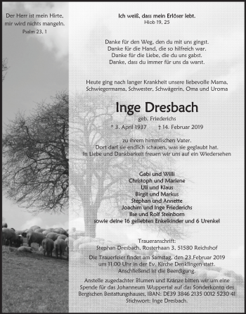 Anzeige von Inge Dresbach von Kölner Stadt-Anzeiger / Kölnische Rundschau / Express
