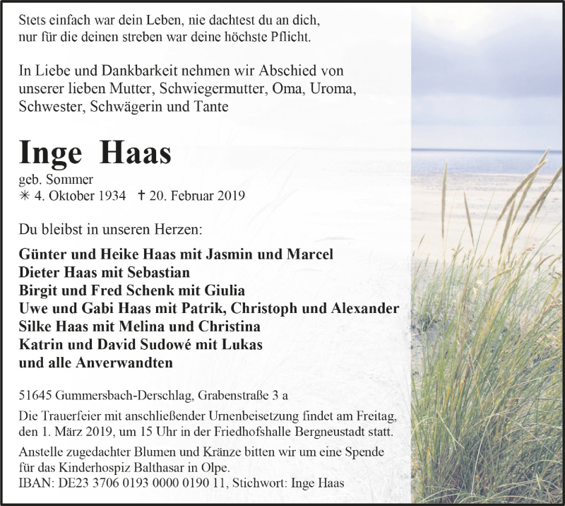  Traueranzeige für Inge Haas vom 27.02.2019 aus  Anzeigen Echo 