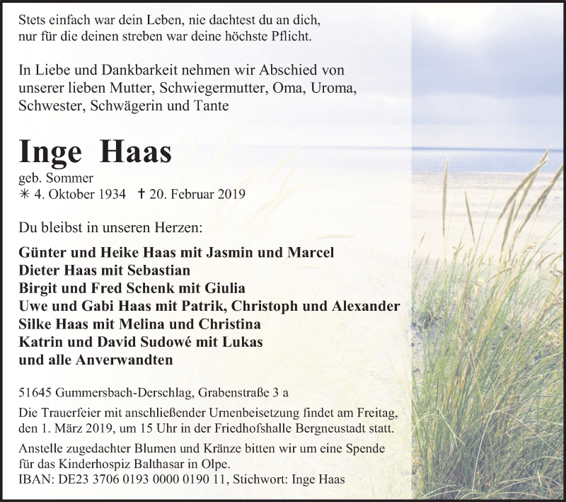  Traueranzeige für Inge Haas vom 23.02.2019 aus Kölner Stadt-Anzeiger / Kölnische Rundschau / Express