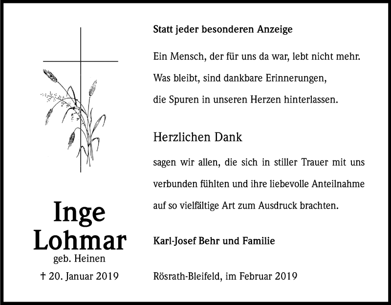  Traueranzeige für Inge Lohmar vom 23.02.2019 aus Kölner Stadt-Anzeiger / Kölnische Rundschau / Express