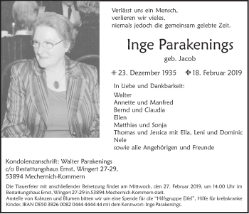 Anzeige von Inge Parakenings von  Blickpunkt Euskirchen 