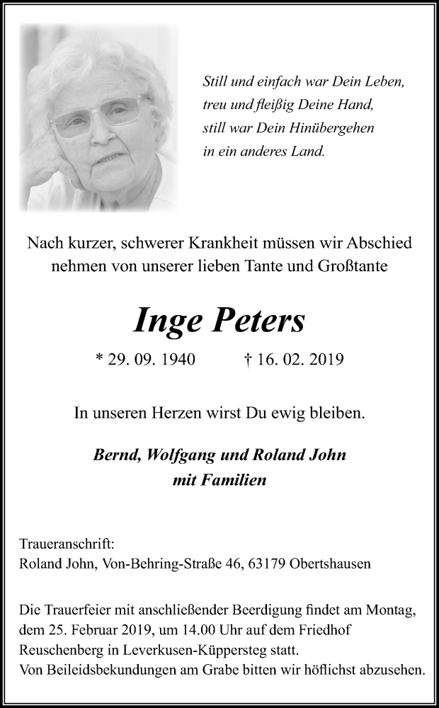  Traueranzeige für Inge Peters vom 20.02.2019 aus Kölner Stadt-Anzeiger / Kölnische Rundschau / Express