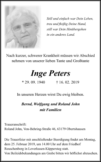 Anzeige von Inge Peters von Kölner Stadt-Anzeiger / Kölnische Rundschau / Express