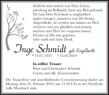 Anzeige von Inge Schmidt von  Lokalanzeiger 