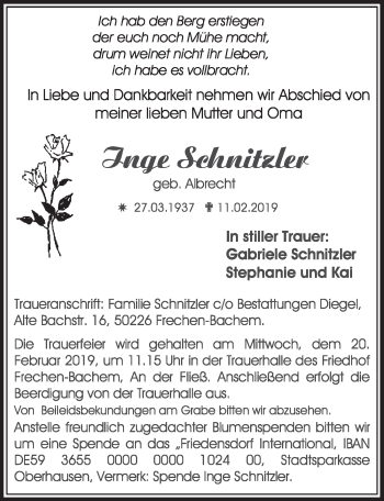 Anzeige von Inge Schnitzler von  Sonntags-Post 