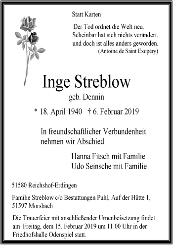 Anzeige von Inge Streblow von  Lokalanzeiger 