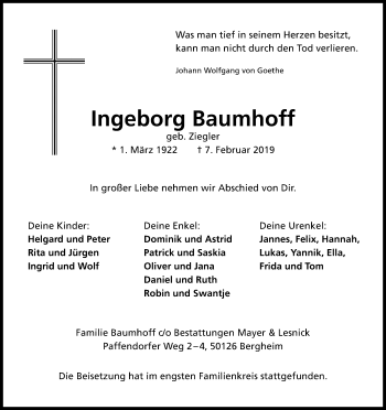 Anzeige von Ingeborg Baumhoff von Kölner Stadt-Anzeiger / Kölnische Rundschau / Express