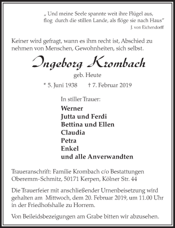 Anzeige von Ingeborg Krombach von  Sonntags-Post 