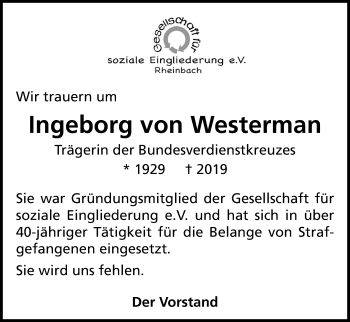 Anzeige von Ingeborg von Westerman von Kölner Stadt-Anzeiger / Kölnische Rundschau / Express