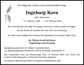 Anzeige von Ingeburg Korn von Kölner Stadt-Anzeiger / Kölnische Rundschau / Express