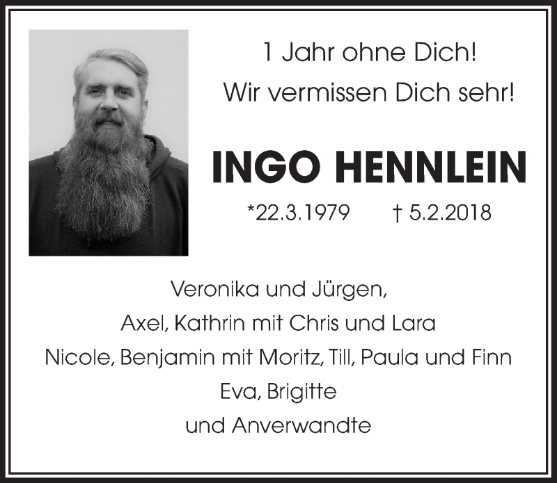  Traueranzeige für Ingo Hennlein vom 06.02.2019 aus  Lokalanzeiger 