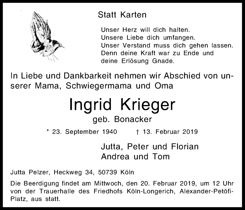  Traueranzeige für Ingrid Krieger vom 16.02.2019 aus Kölner Stadt-Anzeiger / Kölnische Rundschau / Express