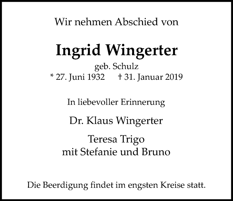  Traueranzeige für Ingrid Wingerter vom 09.02.2019 aus Kölner Stadt-Anzeiger / Kölnische Rundschau / Express