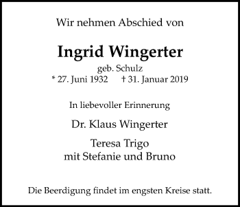 Anzeige von Ingrid Wingerter von Kölner Stadt-Anzeiger / Kölnische Rundschau / Express