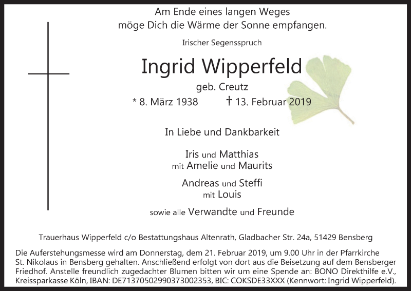  Traueranzeige für Ingrid Wipperfeld vom 19.02.2019 aus Kölner Stadt-Anzeiger / Kölnische Rundschau / Express