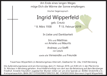 Anzeige von Ingrid Wipperfeld von Kölner Stadt-Anzeiger / Kölnische Rundschau / Express