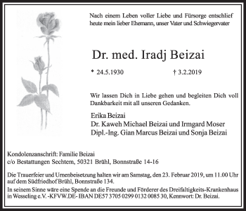 Anzeige von Iradj Beizai von  Kölner Wochenspiegel 