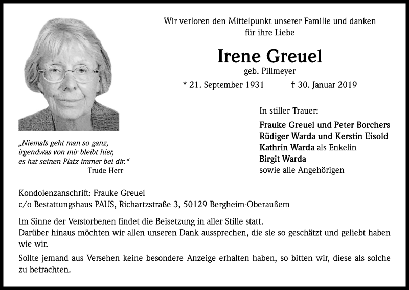  Traueranzeige für Irene Greuel vom 09.02.2019 aus Kölner Stadt-Anzeiger / Kölnische Rundschau / Express