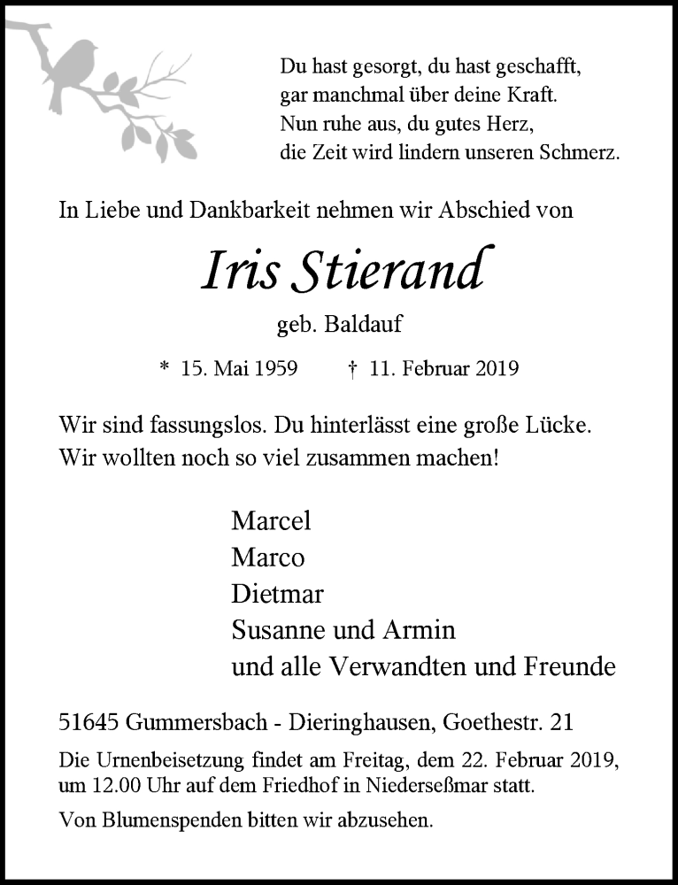  Traueranzeige für Iris Stierand vom 20.02.2019 aus  Anzeigen Echo 