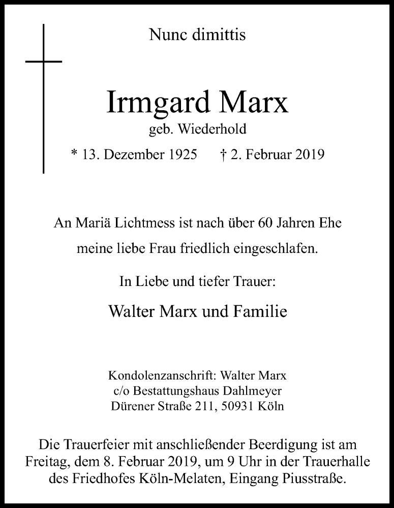  Traueranzeige für Irmgard Marx vom 06.02.2019 aus Kölner Stadt-Anzeiger / Kölnische Rundschau / Express