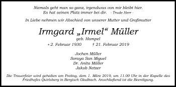 Anzeige von Irmgard Müller von Kölner Stadt-Anzeiger / Kölnische Rundschau / Express