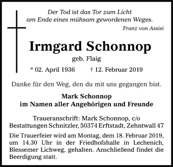 Anzeige von Irmgard Schonnop von Kölner Stadt-Anzeiger / Kölnische Rundschau / Express