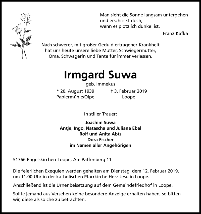  Traueranzeige für Irmgard Suwa vom 06.02.2019 aus Kölner Stadt-Anzeiger / Kölnische Rundschau / Express