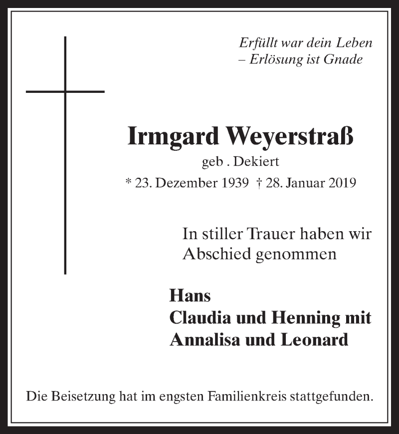  Traueranzeige für Irmgard Weyerstraß vom 13.02.2019 aus  Wochenende 