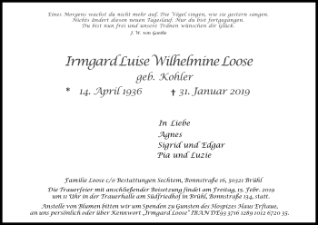 Anzeige von Irmgard Luise Wilhelmine Loose von Kölner Stadt-Anzeiger / Kölnische Rundschau / Express