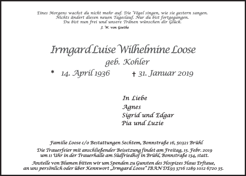  Traueranzeige für Irmgard Luise Wilhelmine Loose vom 13.02.2019 aus  Schlossbote/Werbekurier 