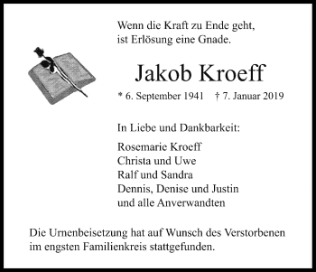Anzeige von Jakob Kroeff von Kölner Stadt-Anzeiger / Kölnische Rundschau / Express