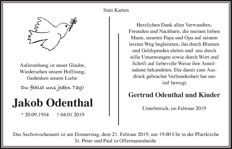  Traueranzeige für Jakob Odenthal vom 20.02.2019 aus  Bergisches Handelsblatt 