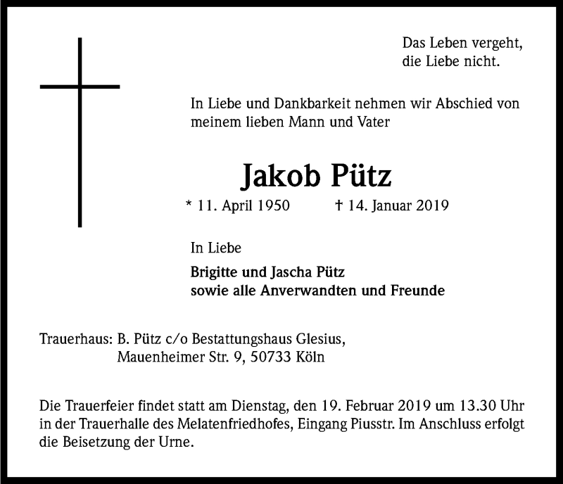  Traueranzeige für Jakob Pütz vom 09.02.2019 aus Kölner Stadt-Anzeiger / Kölnische Rundschau / Express