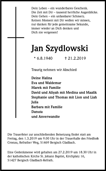 Anzeige von Jan Szydlowski von Kölner Stadt-Anzeiger / Kölnische Rundschau / Express