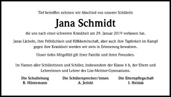 Anzeige von Jana Schmidt von Kölner Stadt-Anzeiger / Kölnische Rundschau / Express