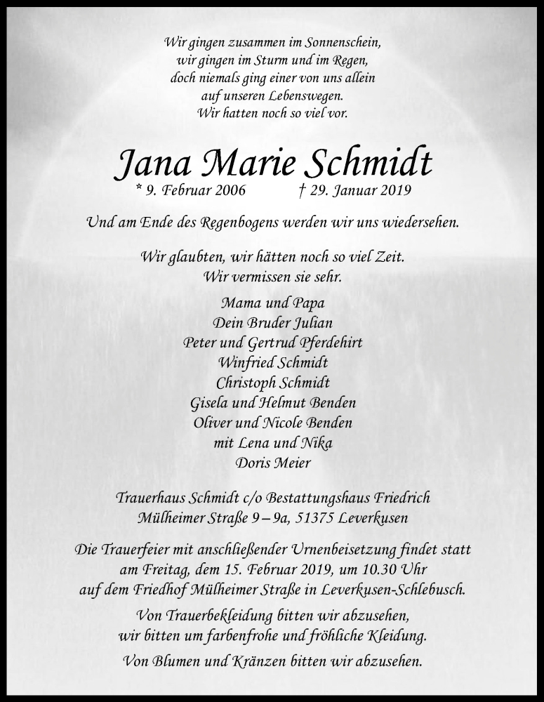  Traueranzeige für Jana Marie Schmidt vom 09.02.2019 aus Kölner Stadt-Anzeiger / Kölnische Rundschau / Express