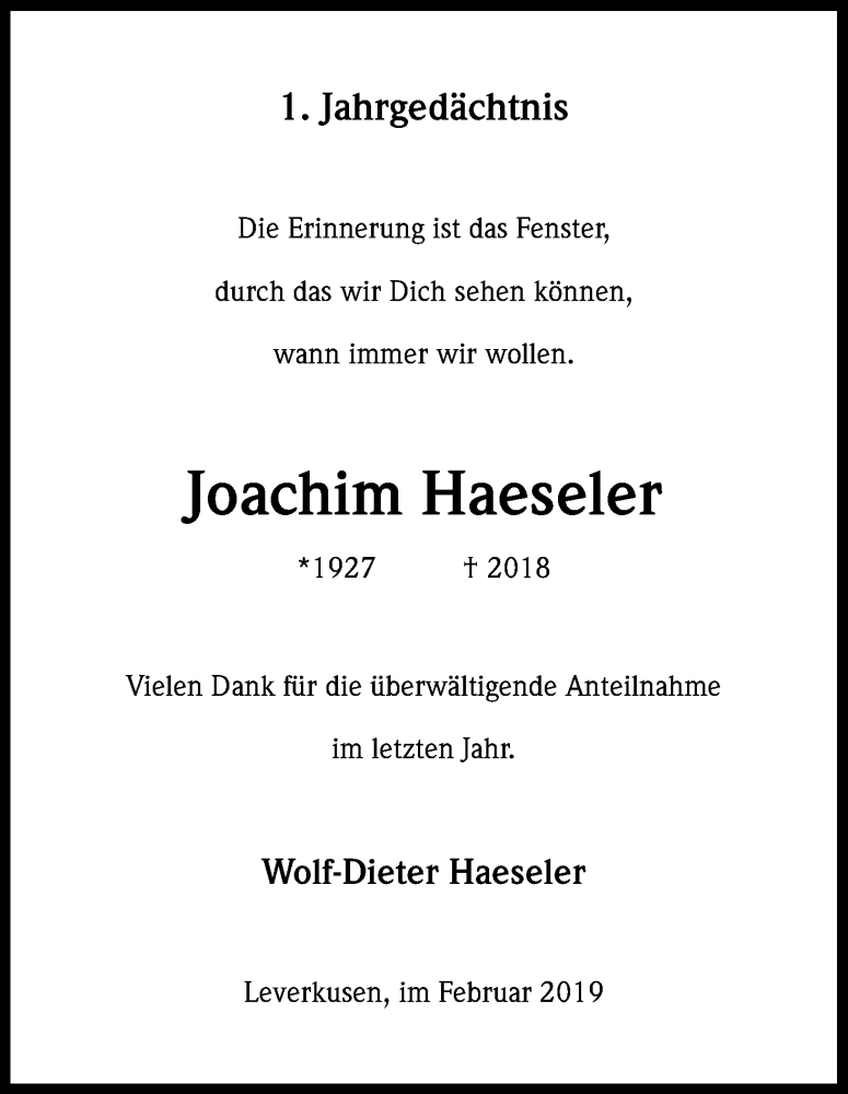  Traueranzeige für Joachim Haeseler vom 20.02.2019 aus Kölner Stadt-Anzeiger / Kölnische Rundschau / Express