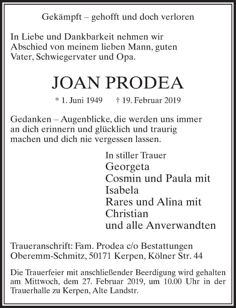  Traueranzeige für Joan Prodea vom 23.02.2019 aus  Sonntags-Post 