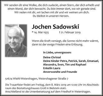 Anzeige von Jochen Sadowski von  Anzeigen Echo 