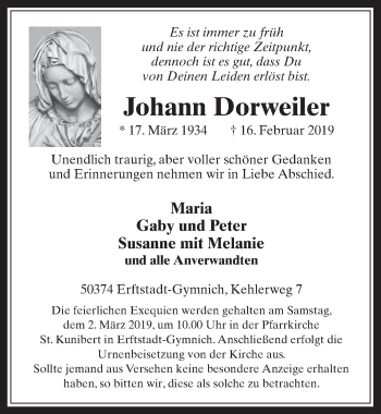 Anzeige von Johann Dorweiler von  Werbepost 